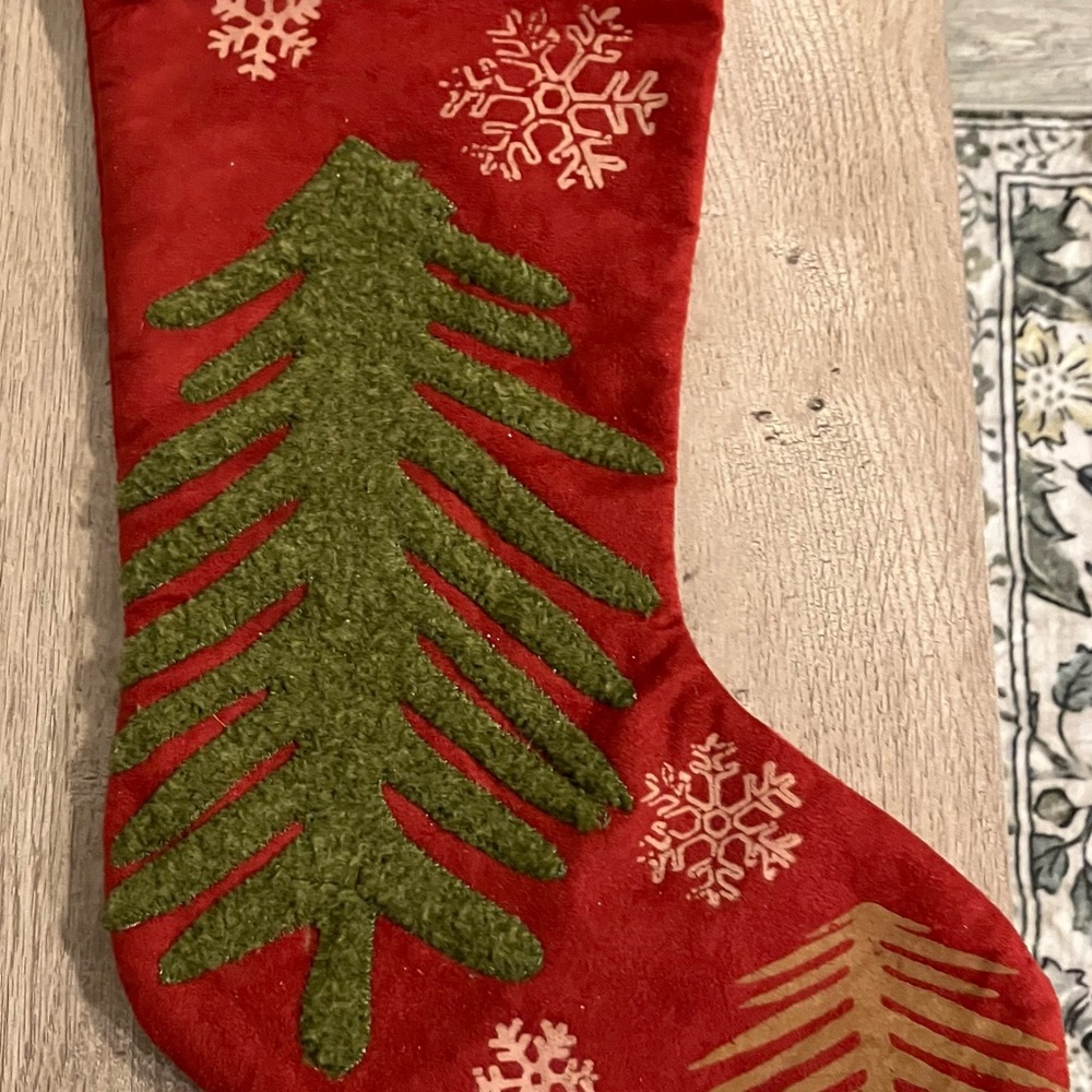 Festive Red Christmas Stocking with Green Tree Design